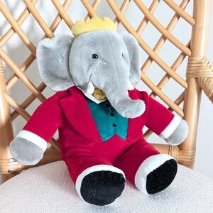 Babar Plush Elephant Toy Red Suit with Crown Vintage Style